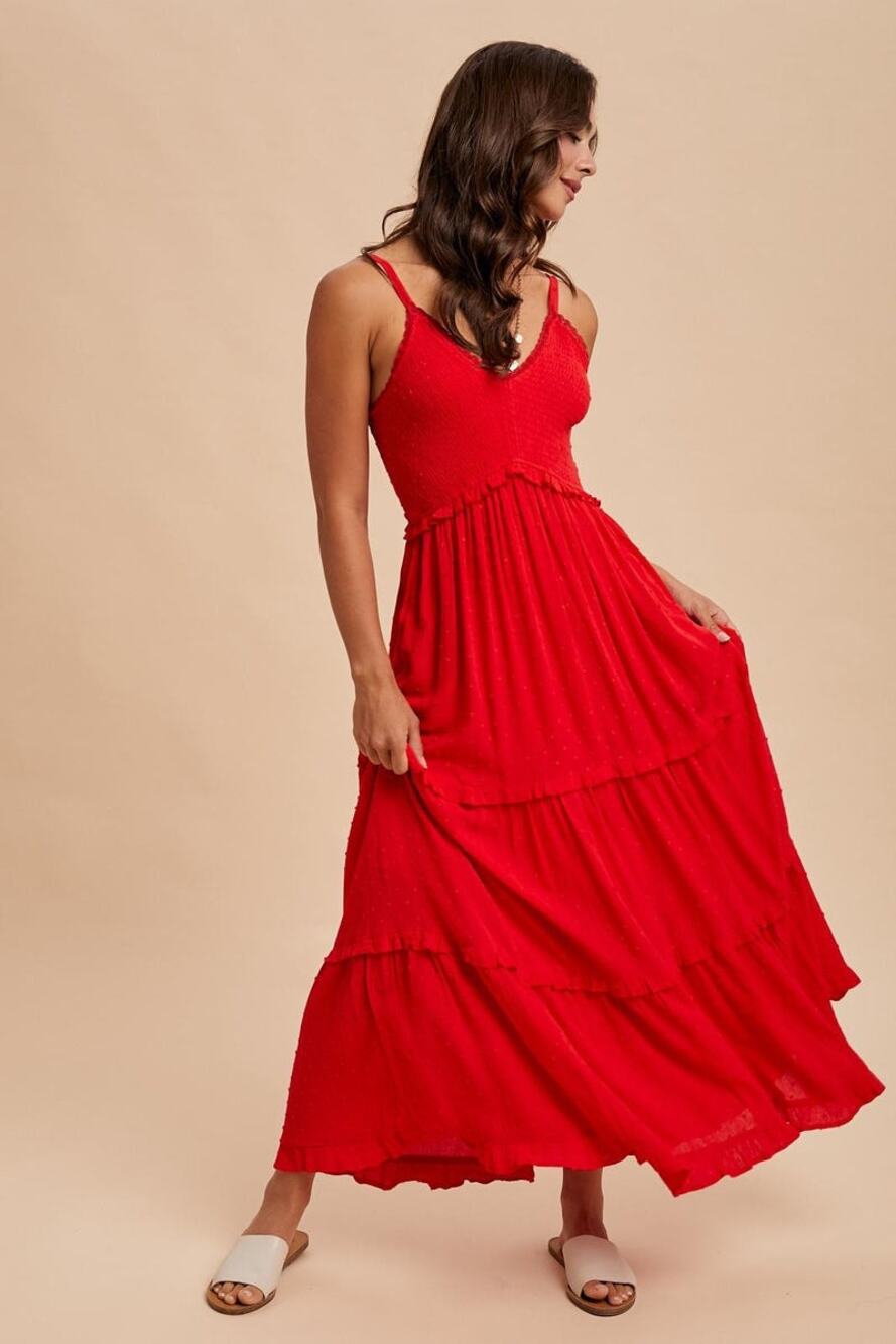 PinkBush Maternity In Loom Red Swiss Dot Smocked Tiered Maxi Dress Boho